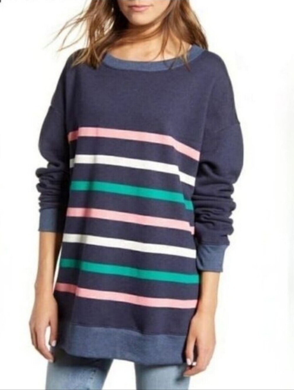 WILDFOX Blue Multicolor Stripe Roadtrip Oversized Crewneck Sweatshirt Size Small